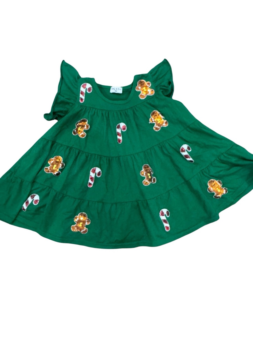 Green Gingerbread & Candy Cane Tiered Girls Dress sequin